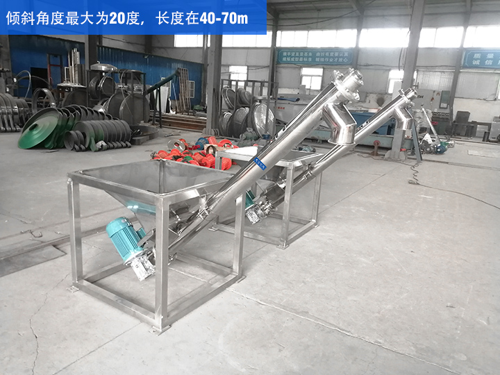 GX型絞龍輸送機傾斜角度最大為20度，長度在40-70m